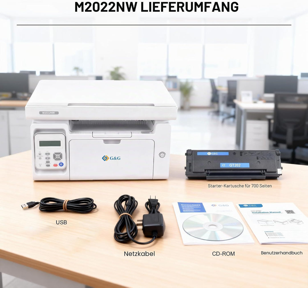G&amp;G M2022NW Laserdrucker - Multifunktionsgerät mit Drucker, Scanner und Kopierer,Schwarz-Weiss,WLAN(