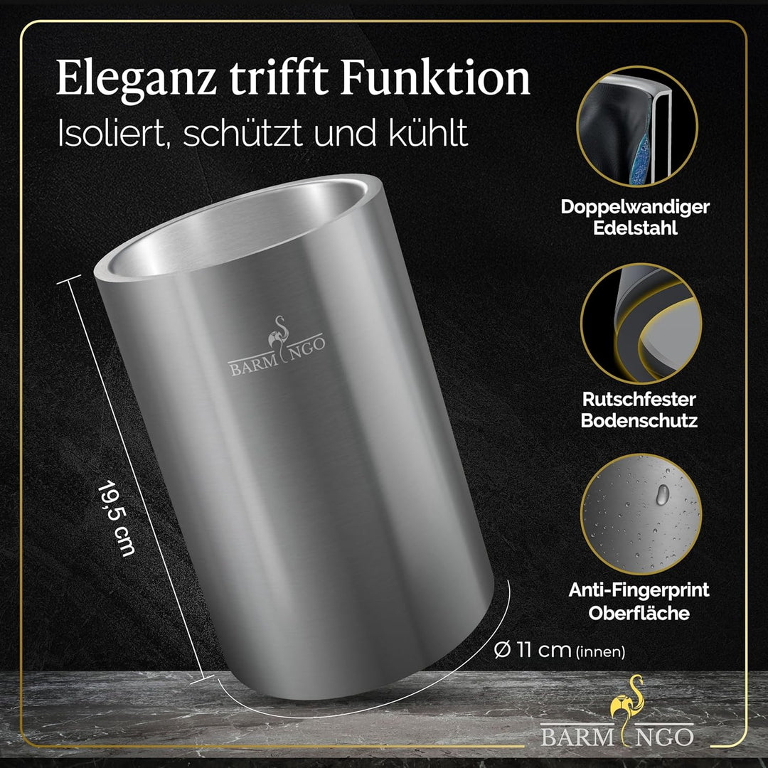 Weinkühler Edelstahl mit 2 Kühlakkus – Getränkekühler & Flaschenkühler für Wein, Sekt, Champagner |