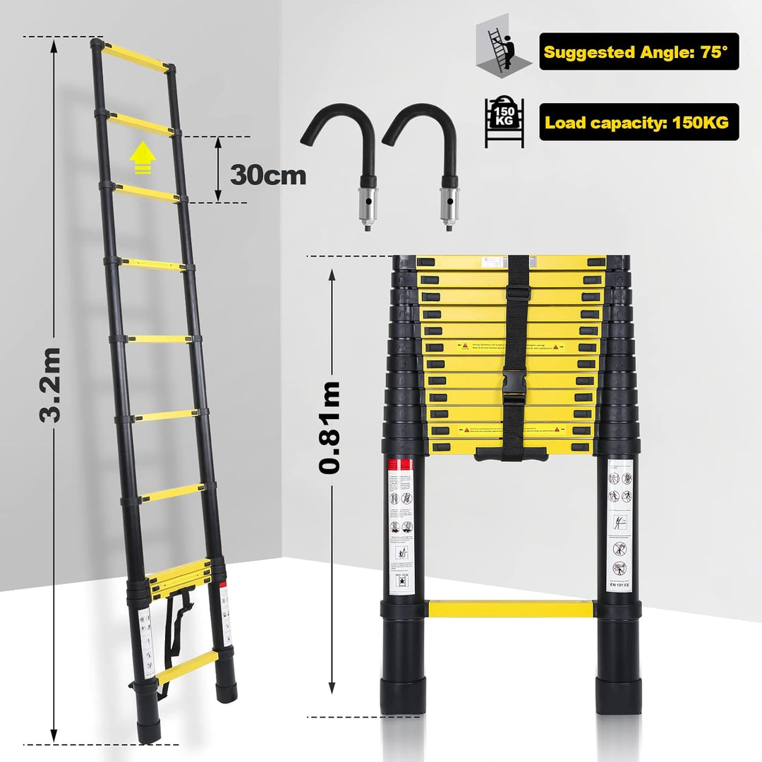 Herrselsam 3.2M Aluminium Teleskopleiter, Ausziehbare Leiter mit 2 Abnehmbarem Haken, Multifunktions