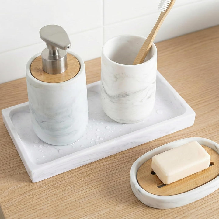 Badezimmer Set 4-teilig mit Tablett - Seifenspender (Pumpe aus Zinklegierung), Zahnputzbecher, Seife