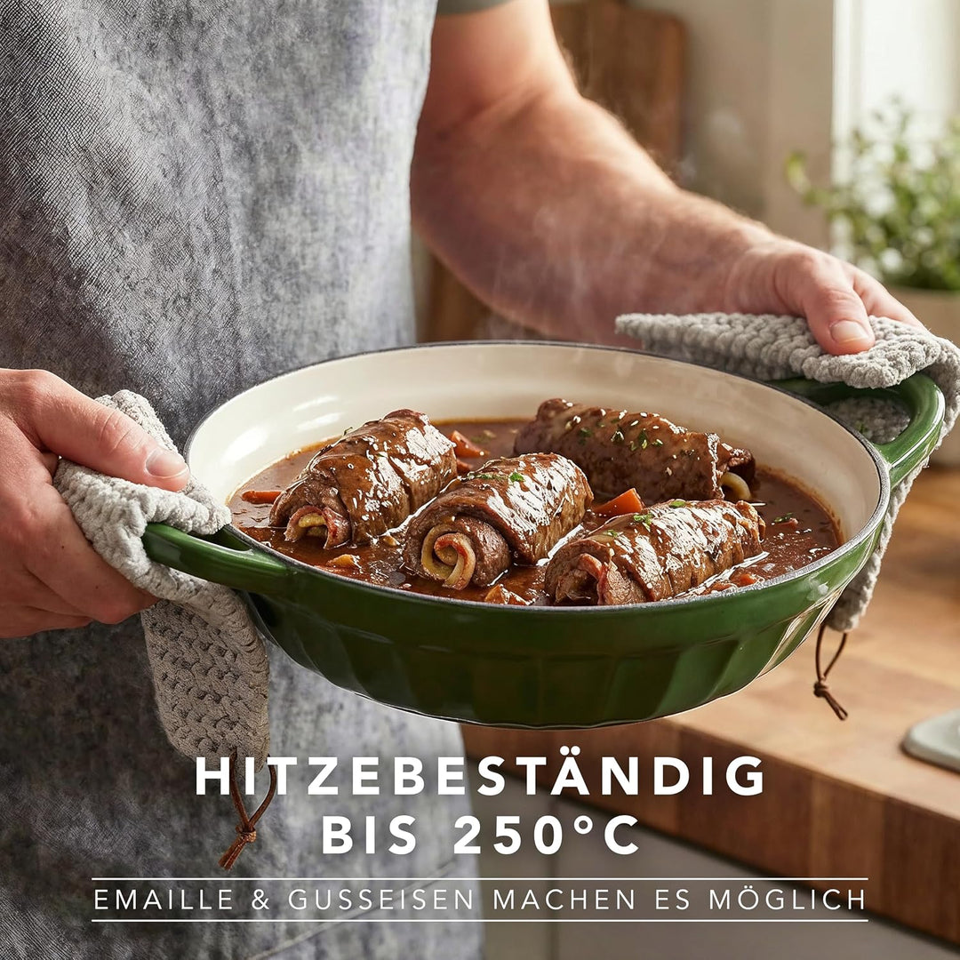 Römertopf Schmorpfanne Gusseisen 28 cm 2,4 L mit Deckel, Tiefgrün, Tiefgrün
