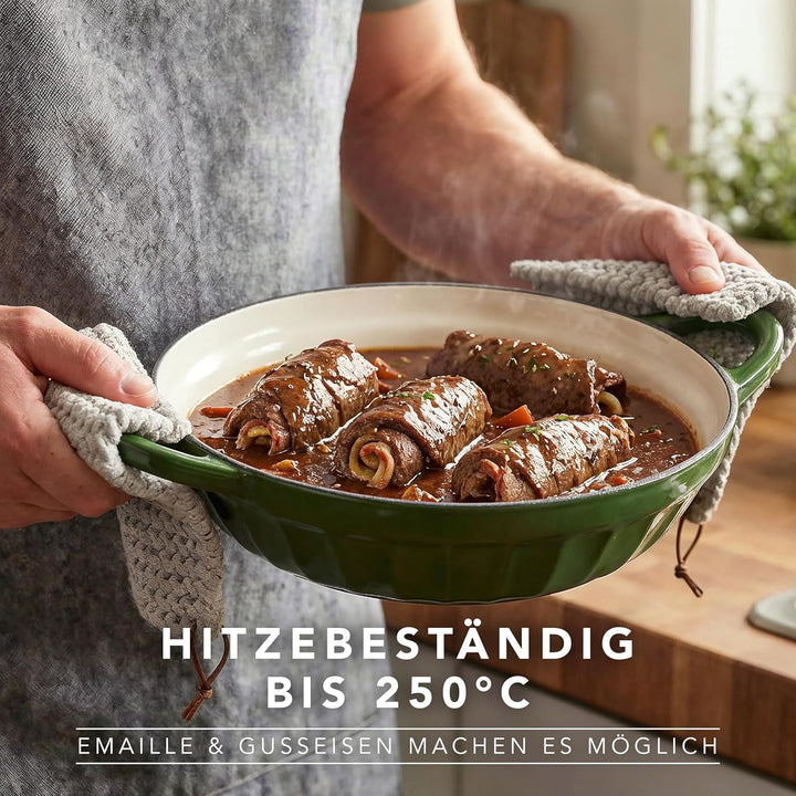 Römertopf Schmorpfanne Gusseisen 28 cm 2,4 L mit Deckel, Tiefgrün, Tiefgrün