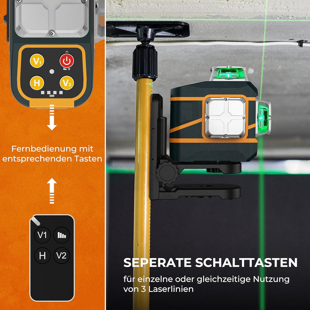 CIGMAN Kreuzlinienlaser 3 x 360 Grad grün Selbstnivellierend Laser Wasserwaage, 2 x abnehmbare wiede