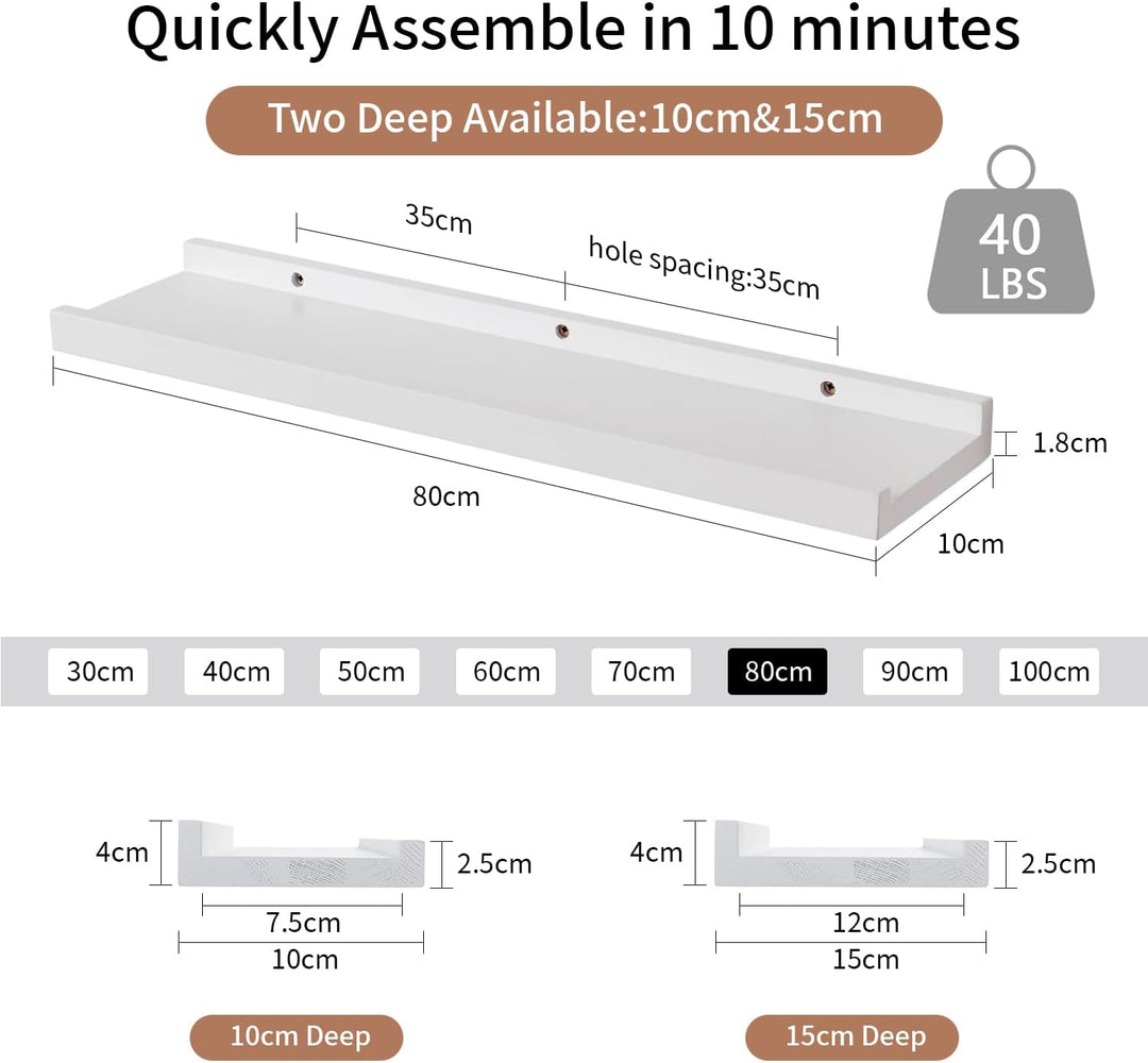 Wandregal Weiss, 80CM Bilderleiste Weiss massives Eichenholz Regal weiss Schweberegal für Fotorahmen