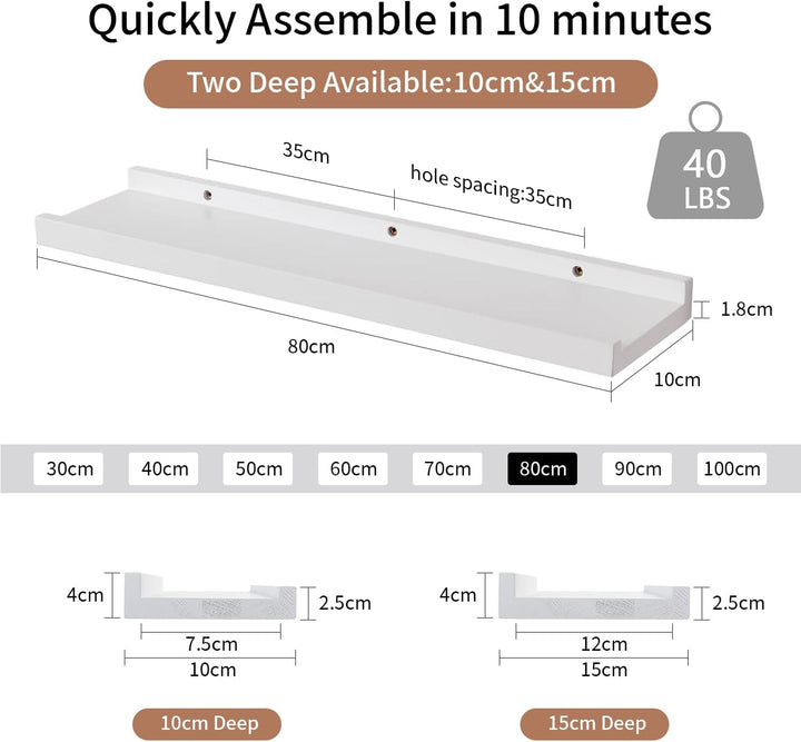 Wandregal Weiss, 80CM Bilderleiste Weiss massives Eichenholz Regal weiss Schweberegal für Fotorahmen