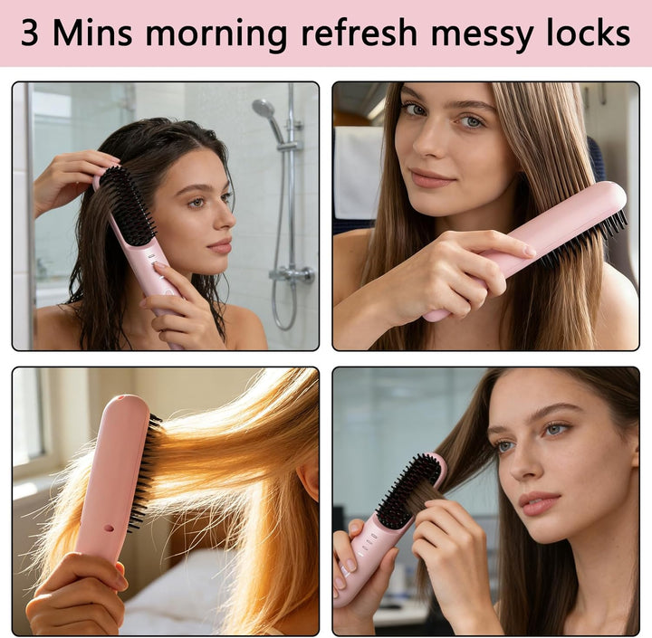 HENGBIRD Kabellose Glättbürste Pink Edition – 3-in-1 Haarglätter Bürste Zum Glätten, Locken & Pflege