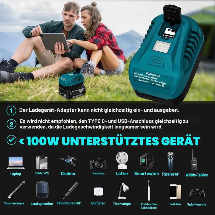 Tragbares USB-Ladegerät für Bosch Professional 18V GBA Batterie mit USB C PD2.0 100W (Max) Ausgang,