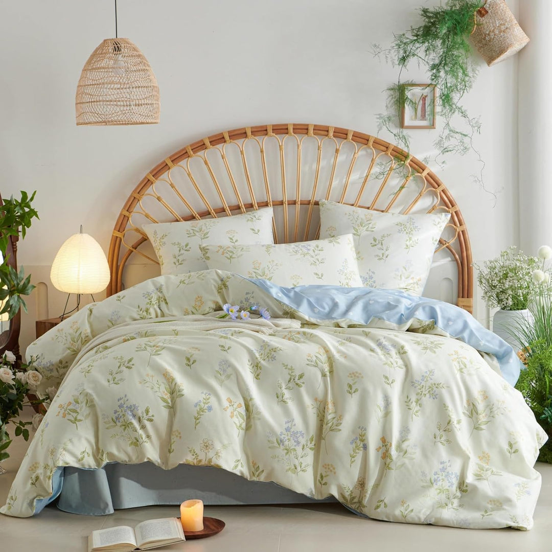 Freyamy Blumen Bettwäsche 135x200cm 2teilig Baumwolle Beige Bunt Floral Blätter Pflanzen Wendebettwä