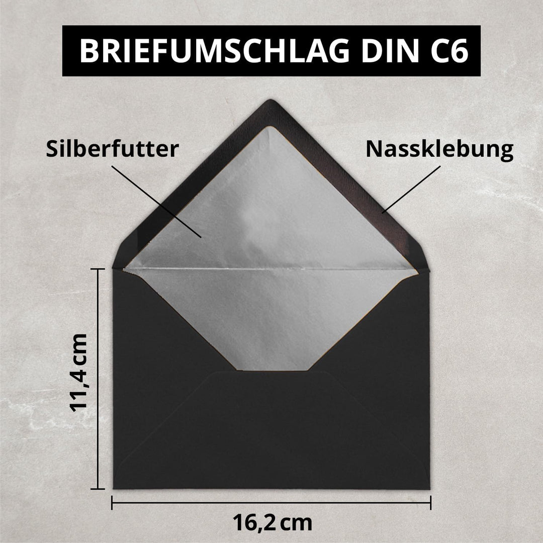 Kuverts in Schwarz - 75 Stück - Brief-Umschläge DIN C6-114 x 162 mm - 11,4 x 16,2 cm - Nassklebung -
