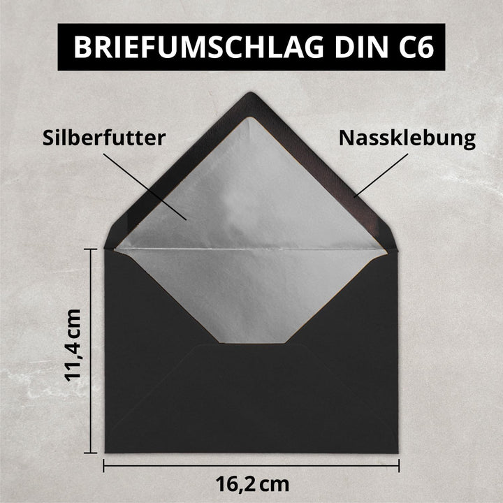 Kuverts in Schwarz - 75 Stück - Brief-Umschläge DIN C6-114 x 162 mm - 11,4 x 16,2 cm - Nassklebung -