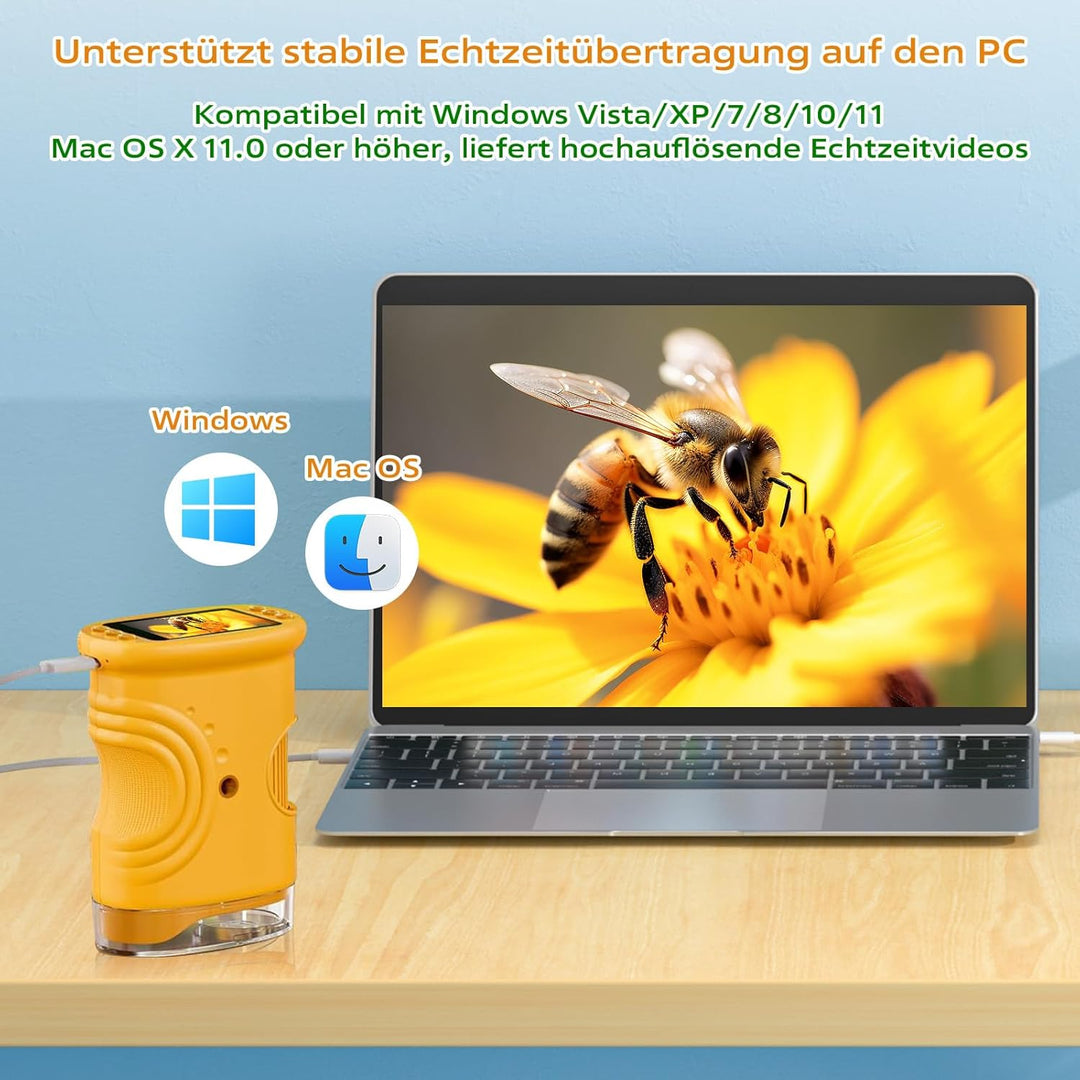 Digitales Mikroskop für Kinder, 1000X Vergrösserung mit 2.0" IPS Bildschirm, USB Wiederaufladbar und