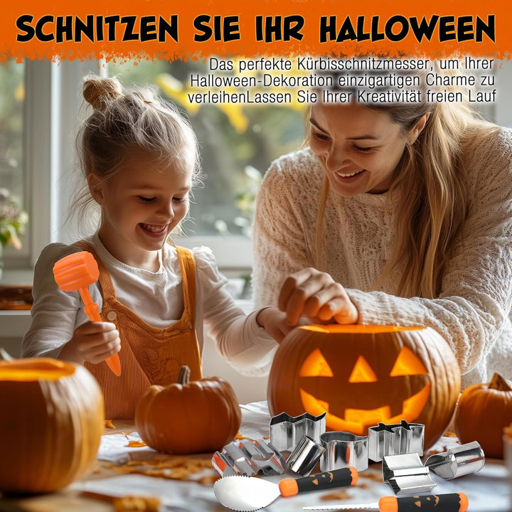 HAUSHOF Halloween Kürbis Schnitzset 23-tlg., Kürbis Schnitzwerkzeuge mit Hammer und 20 Formen, DIY H