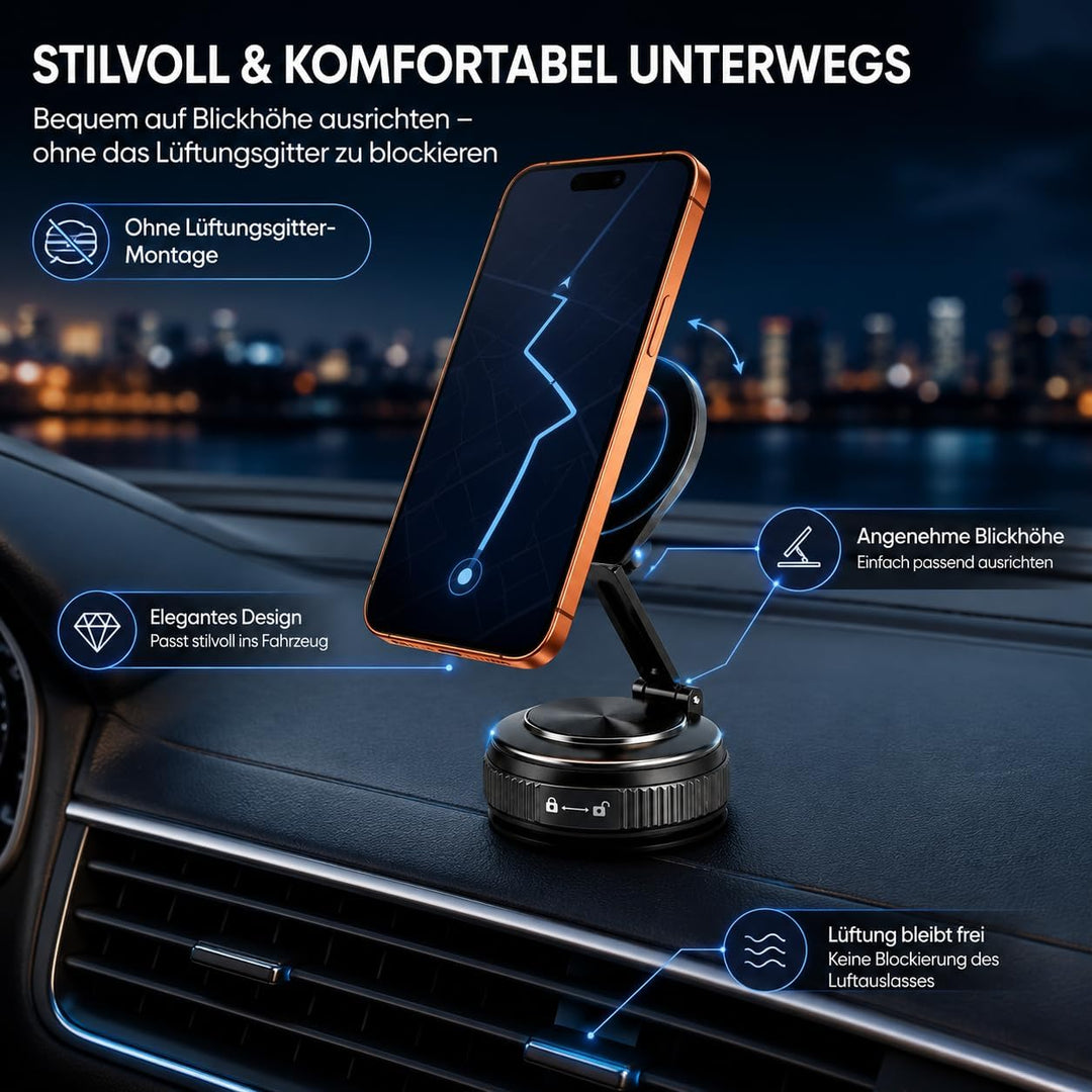 MEGAPHONIC Handyhalterung Auto Magnet, kompatibel mit MagSafe, 20 N55 Magnete, Vakuum-Saugnapf, 360°