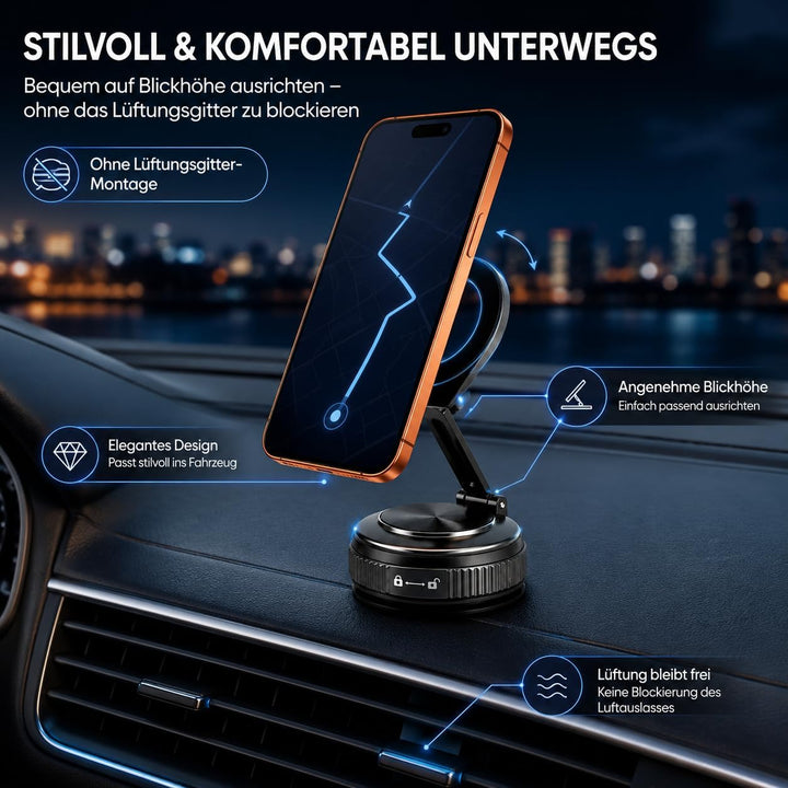 MEGAPHONIC Handyhalterung Auto Magnet, kompatibel mit MagSafe, 20 N55 Magnete, Vakuum-Saugnapf, 360°