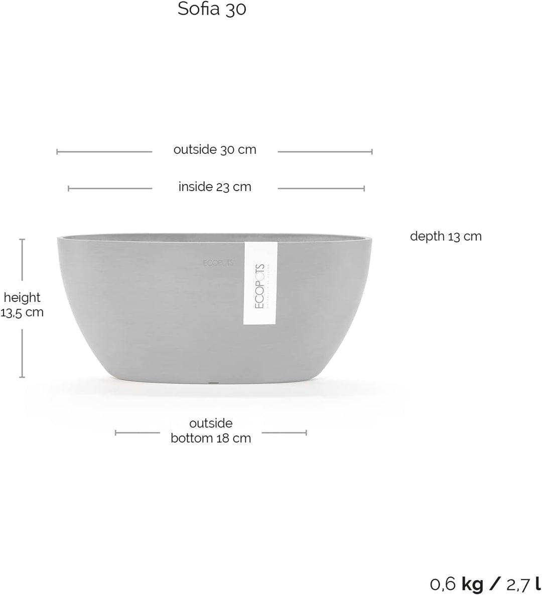 Ecopots Pflanzschale Sofia Dunkel Hell Grau - 30 x 13 cm oval gross - Pflanzentopf aus Recycling Kun