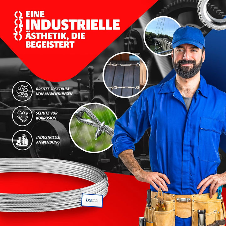 DQ-PP STAHLSEIL | 8mm | 5m | Edelstahl INOX | 7x7 mittelweich | Drahtseil für Rankhilfe Rostfrei Sei