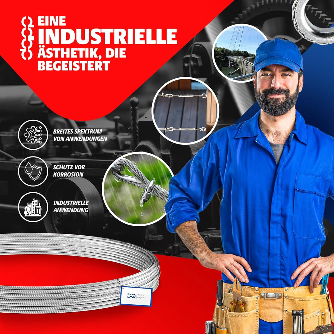 DQ-PP STAHLSEIL | 8mm | 5m | Edelstahl INOX | 7x7 mittelweich | Drahtseil für Rankhilfe Rostfrei Sei
