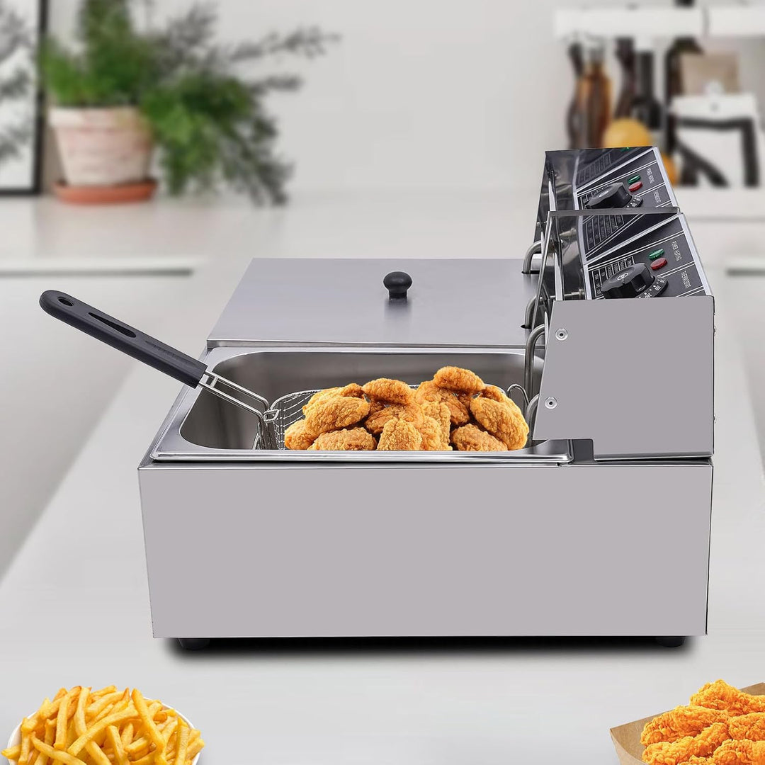 Friteuse Edelstahl Doppel Fritteuse Fritöse 2x6L Friteuse öl Elektro mit Zeitfunktion Temperatur Ein