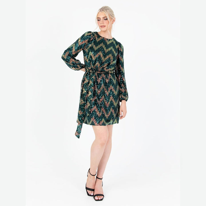 Lovedrobe Damen Women's Mini Ladies Short Sequin Embellished Long Sleeve Round Neck Tie Belt Zig-zag