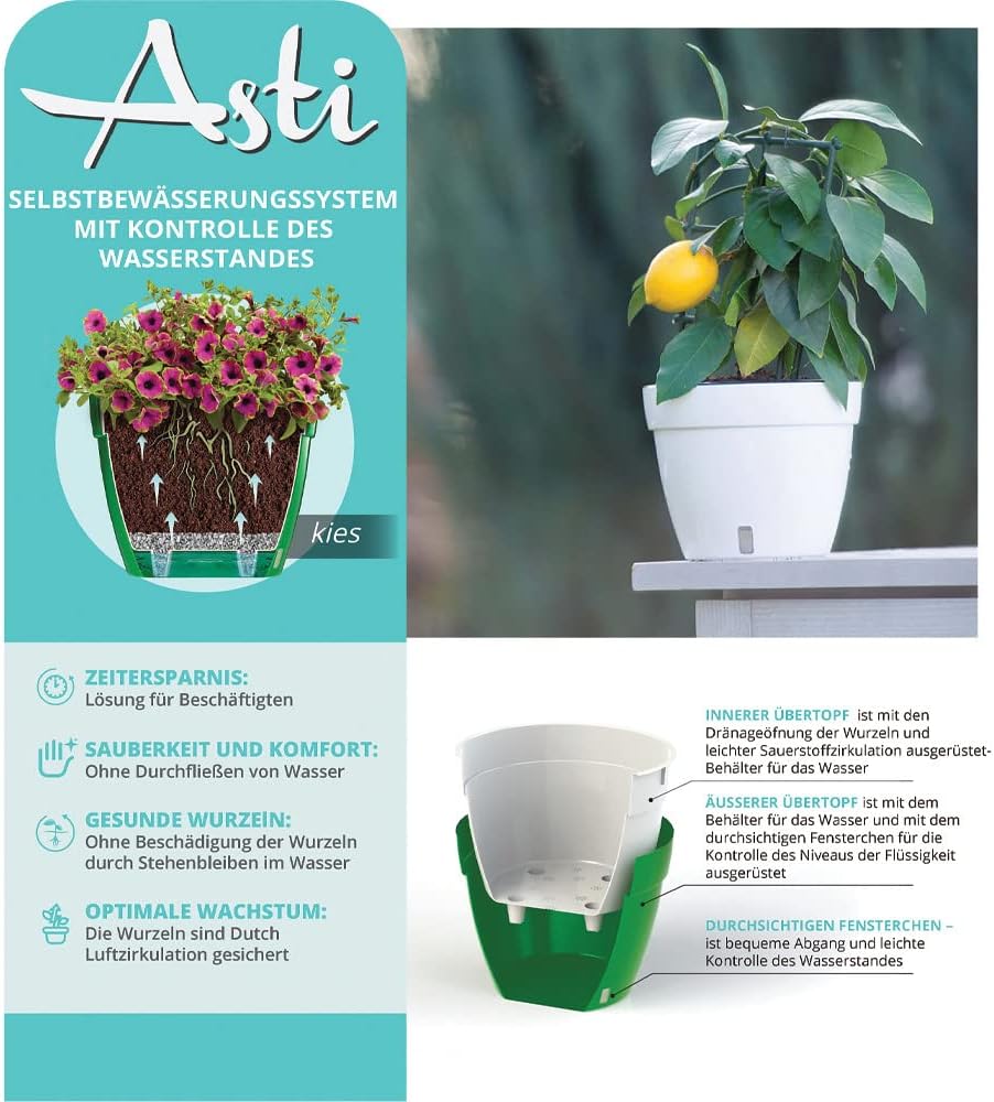 Santino ASTI 27CM Selbstwässernder Blumentopf mit Wasserstandsanzeiger - Rund Premium Qualität Innen