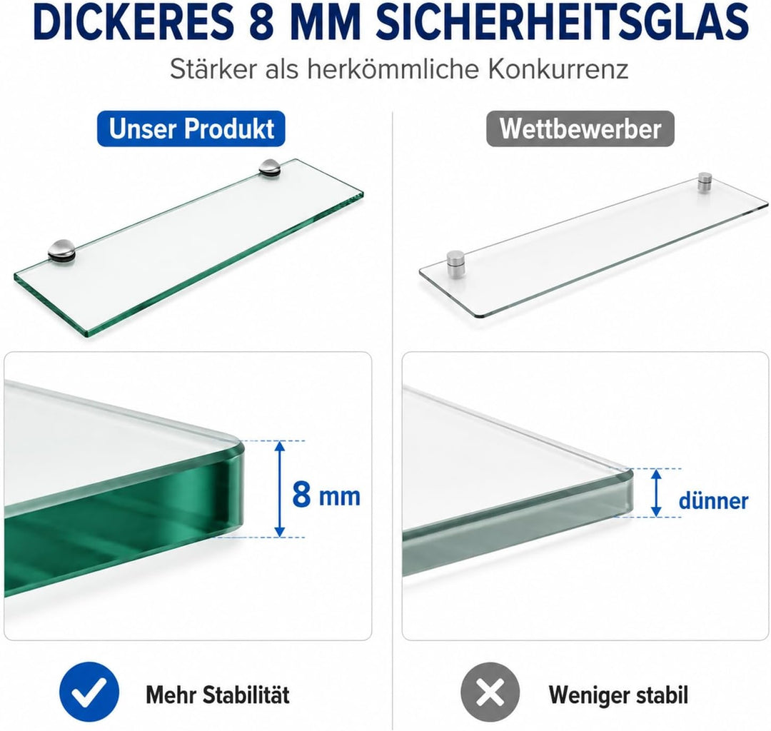 Glasablage Bad Matt 40 x 10 cm, Wandregal aus 8 mm gehärtetem Glas, Badezimmer Glasregal mit Zinkleg