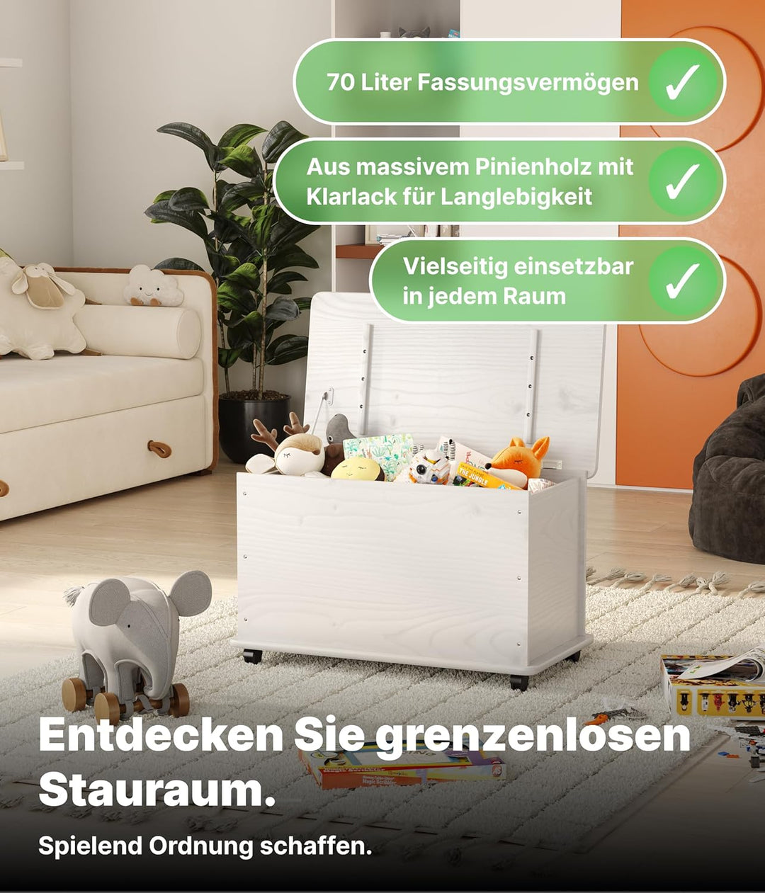 KMH grosse Spielzeugkiste auf Rollen VERONA aus massivem Pinienholz Weiss - Aufbewahrungsbox mit Dec