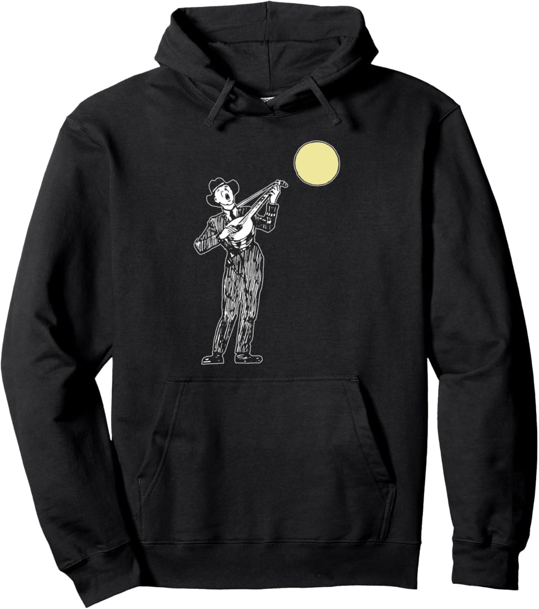 Vintage Style Banjo Player Singing Under Retro Moon Sketch Pullover Hoodie