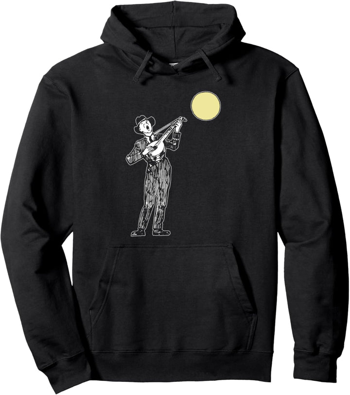Vintage Style Banjo Player Singing Under Retro Moon Sketch Pullover Hoodie