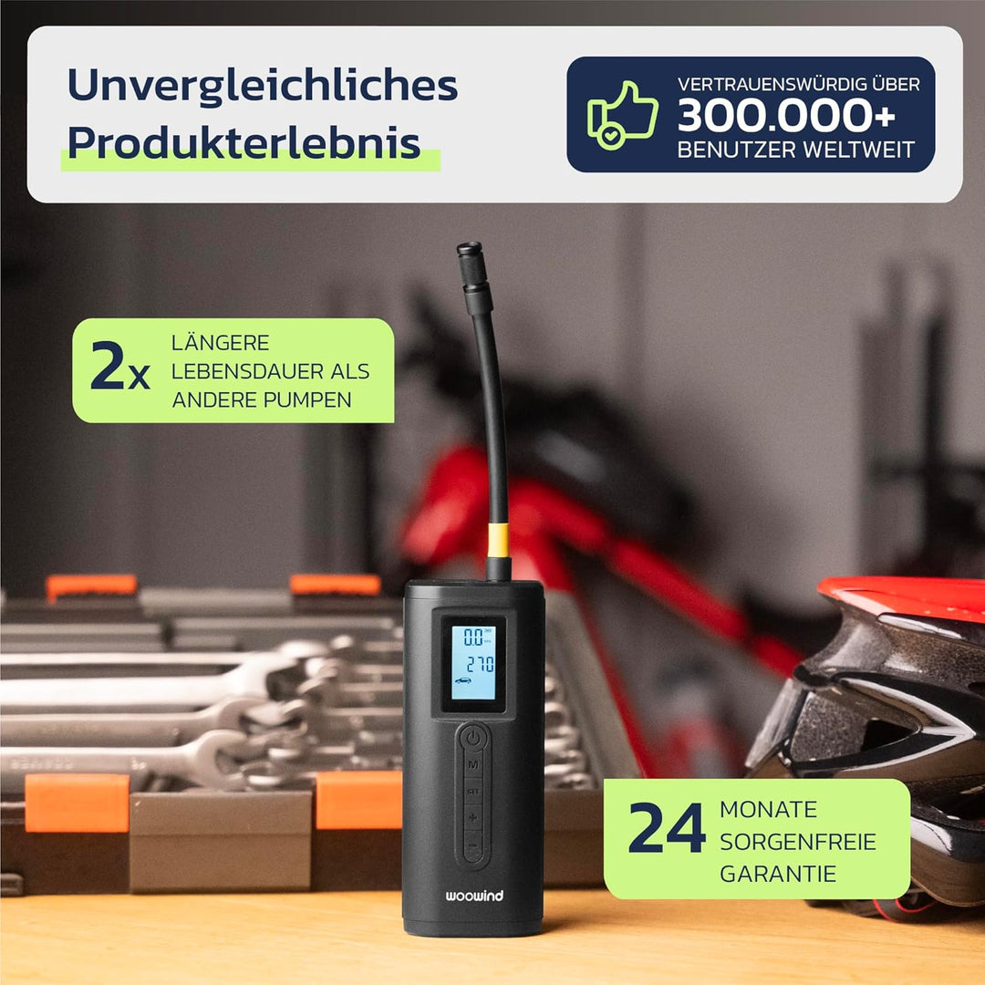 Woowind Akku Kompressor, Elektrische Luftpumpe Auto und Fahrradpumpe elektrisch, 150 PSI, inkl. Pres