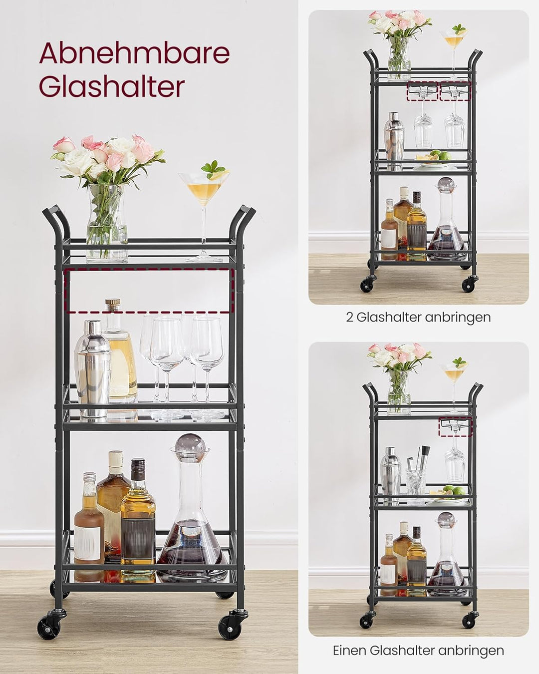 VASAGLE Servierwagen, 3 Ebenen, Rollwagen, mit Rollen, Griffen, verspiegelte Glasablagen, für kleine