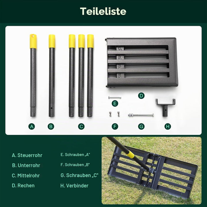 Rasenrechen 220cm, klappbarer Nivellierrechen mit 68x25cm Kopf für Rasenplanierung, Erdboden Verteil