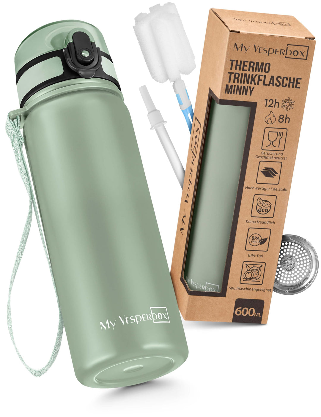 MY VESPERBOX® Edelstahl Thermosflasche Kinder [INK. STROHHALM & SIEB] - Isolierflasche für Jungen &
