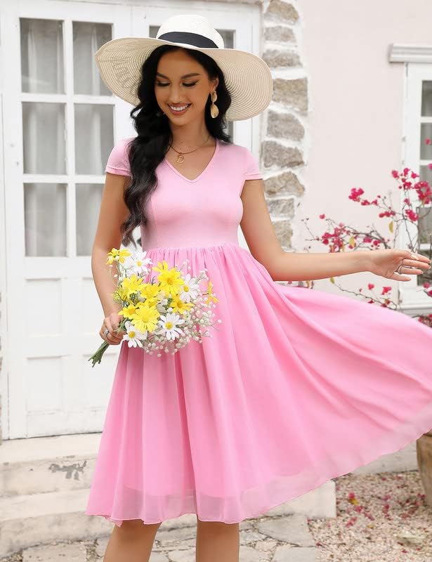 Clearlove Damen Kleider V-Ausschnitt Halbarm Mesh Kleid mit Doppelschicht Chiffon Saum Freizeitkleid