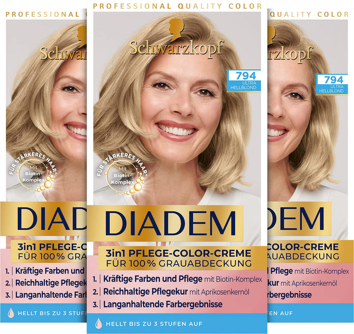 Schwarzkopf Diadem 3 in 1 Pflege-Color-Creme 794 Ultra Hellblond Stufe 3 (3 x 170 ml), permanente Ha