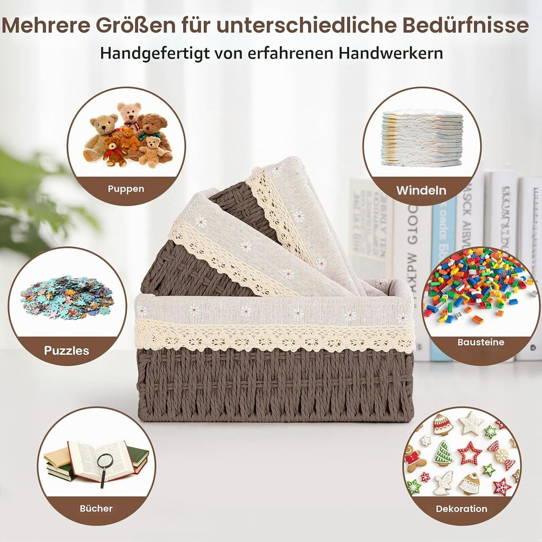 FoiiLiio 3 Stück Aufbewahrungskorb Korb Geflochten aus Papierseil mit Futter, Handgewebt Aufbewahrun