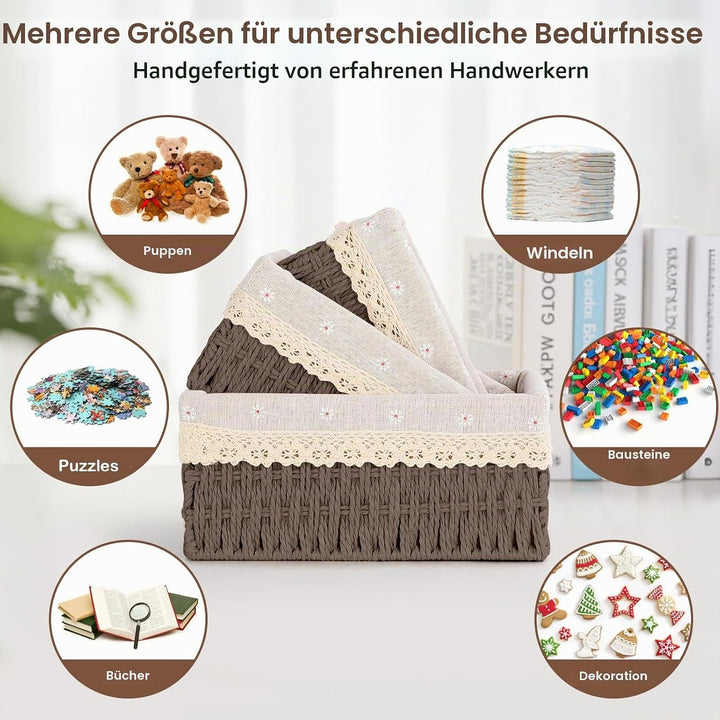 FoiiLiio 3 Stück Aufbewahrungskorb Korb Geflochten aus Papierseil mit Futter, Handgewebt Aufbewahrun