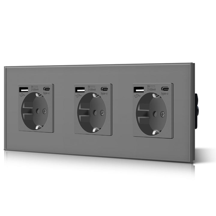 BSEED Triple Schuko Wand Steckdose mit USB & Typ C Glas 3 in 1 Unterputz Steckdosen 3 Weg mit 2.1 A