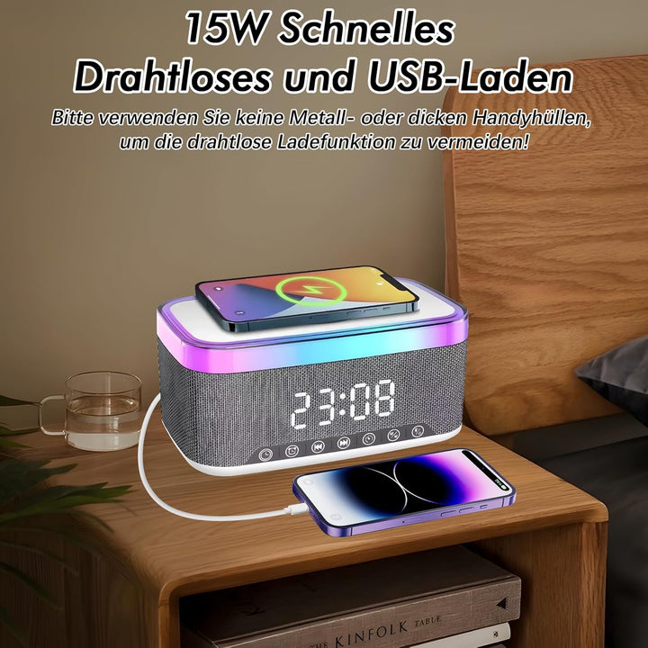 Radio wecker Digital mit Ladestation, 15W Fast Wireless Charger, Digitaler Radiowecker mit Bluetooth