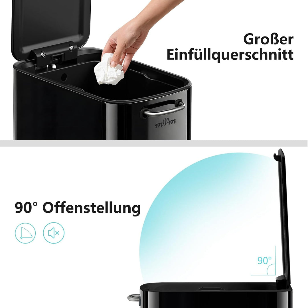 mVm Mülleimer Bad 9L, Abfalleimer Edelstahl, Handbetätigter, Schwarz | Soft-Close, Herausnehmbarem I