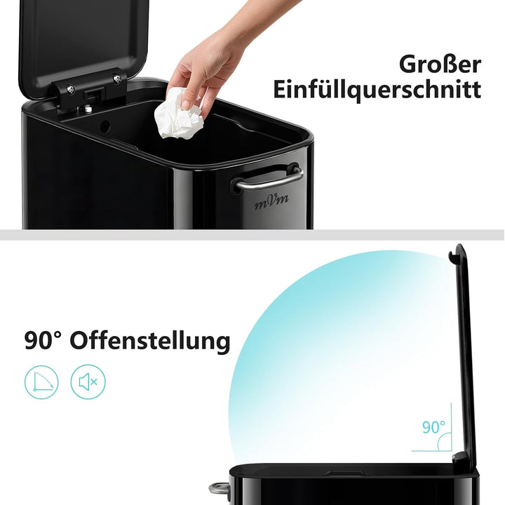 mVm Mülleimer Bad 9L, Abfalleimer Edelstahl, Handbetätigter, Schwarz | Soft-Close, Herausnehmbarem I