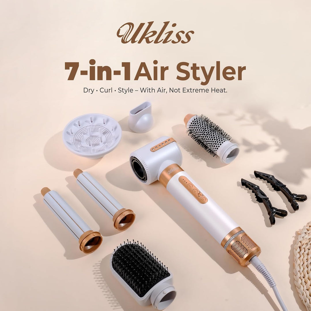 UKLISS Hairstyler Pro 7 in 1, Hot Air Brush &amp; Hair Dryer Set with Hair Dryer, Airflow Curling Iron A