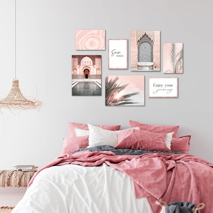 Novart Wandbilder Oriental Marokko Palme - KOMPLETT AUFHÄNGFERTIG - Rosa Beige Wohnzimmer Schlafzimm