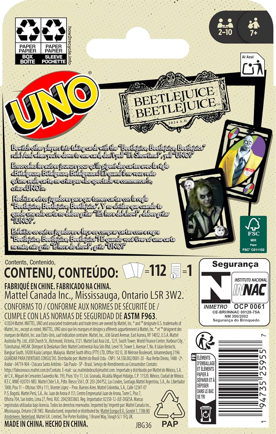 Mattel Games UNO Beetlejuice Beetlejuice Kartenspiel für Kinder, Erwachsene & Familie mit Deck & Son