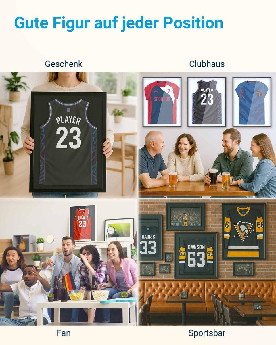 PHOTOLINI Bilderrahmen Trikotrahmen Fussball 70x90, Schwarzer Bilderrahmen für Trikot, Rahmen Trikot