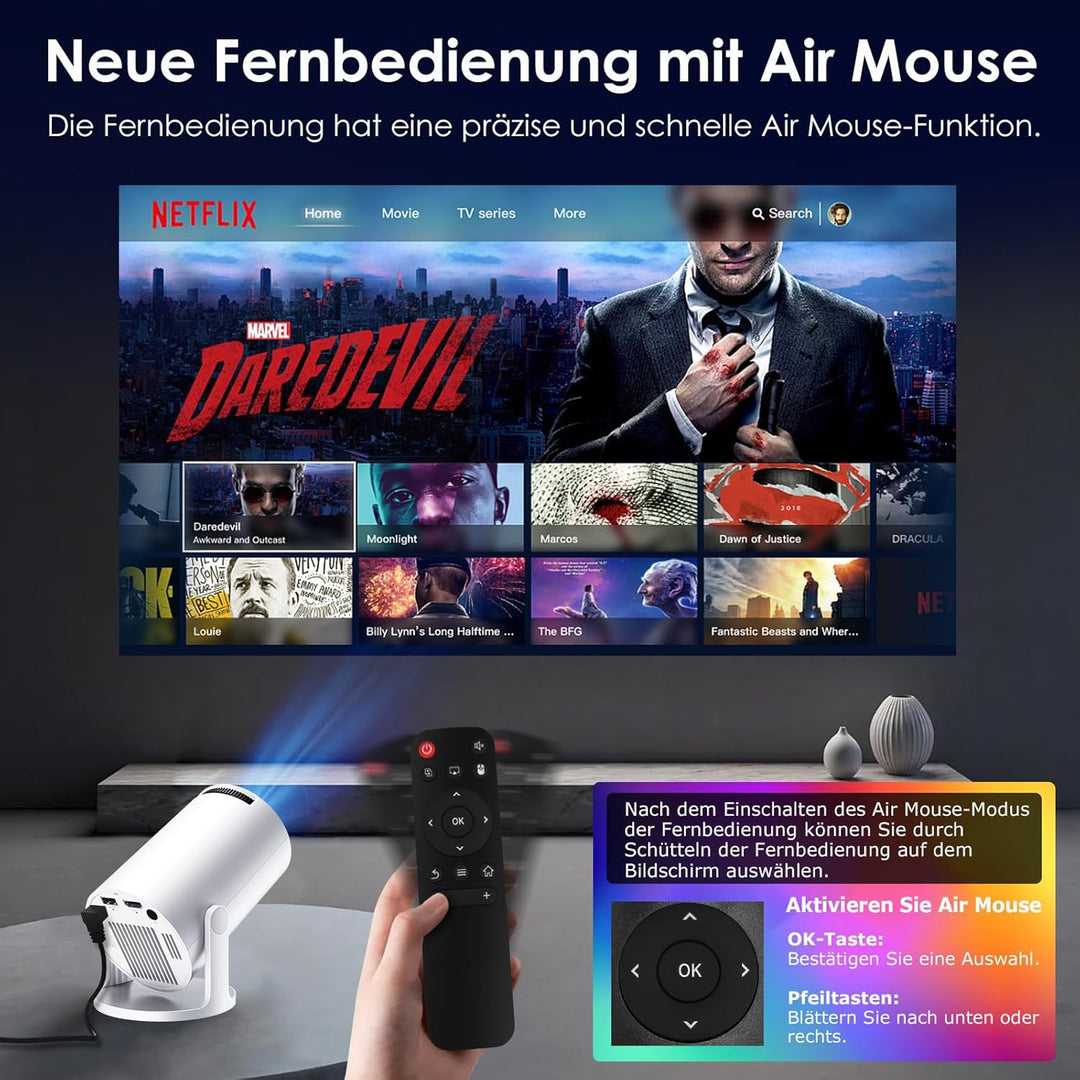 WOLFANG Mini Beamer【Integrierte Apps & WiFi 6】 1080P Tragbarer Projektor mit Bluetooth 5.4 und Auto