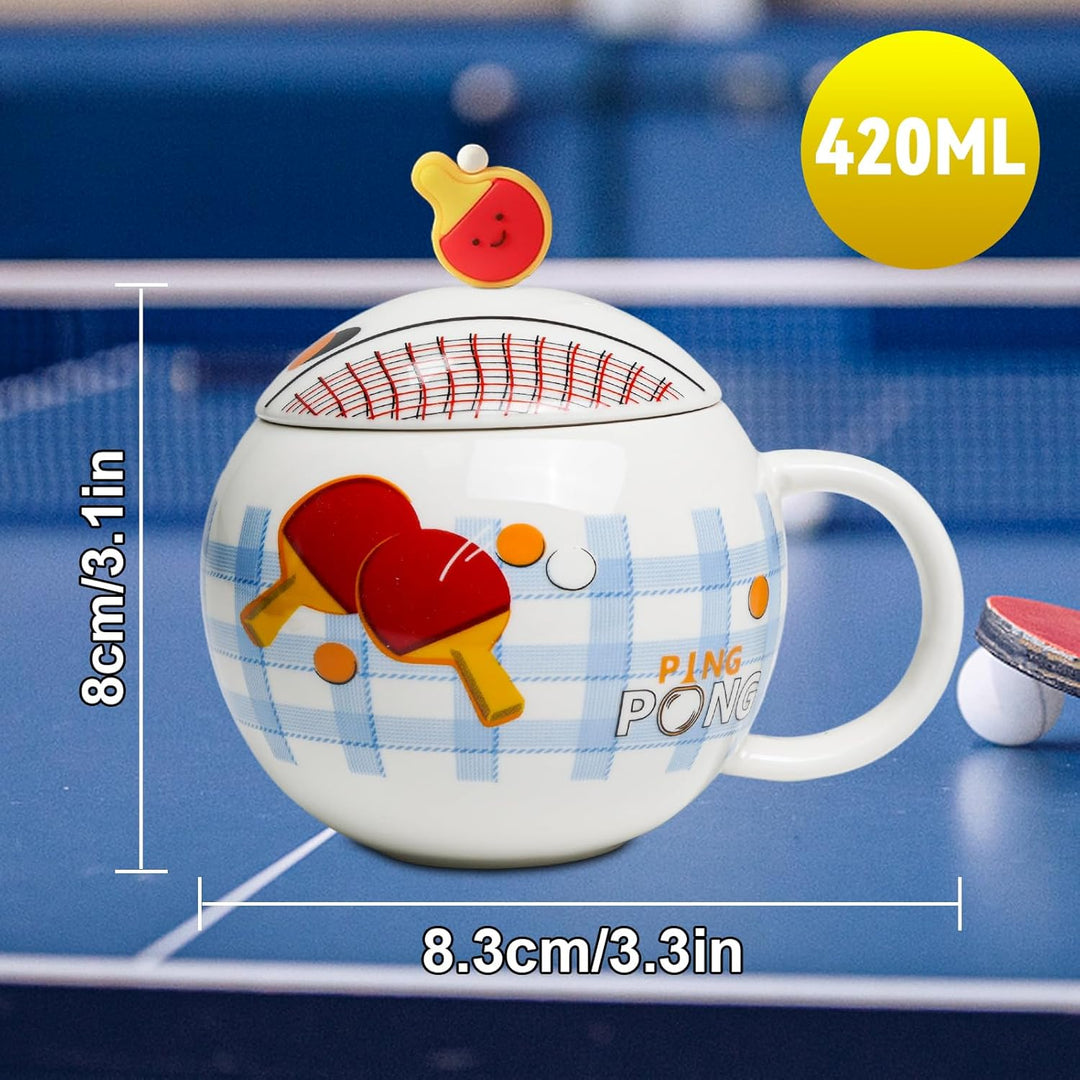Lustige Tischtennis Kaffeetasse, Pingpong Keramik Becher, Ballform Cappuccino Tassen mit Deckel, Ges