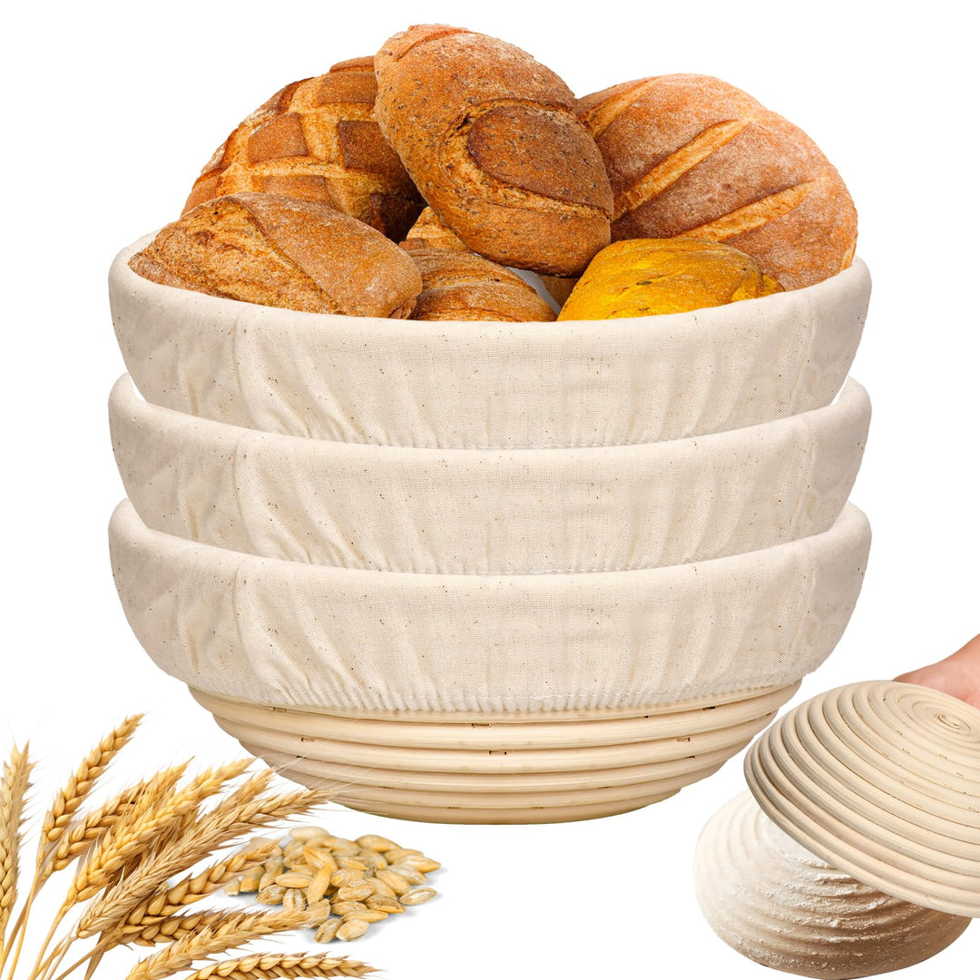 Gärkörbchen Set 3-teilig (23cm) rund, aus hochwertigem Rattan mit Leinen-Einsätzen – Sauerteig Gärko