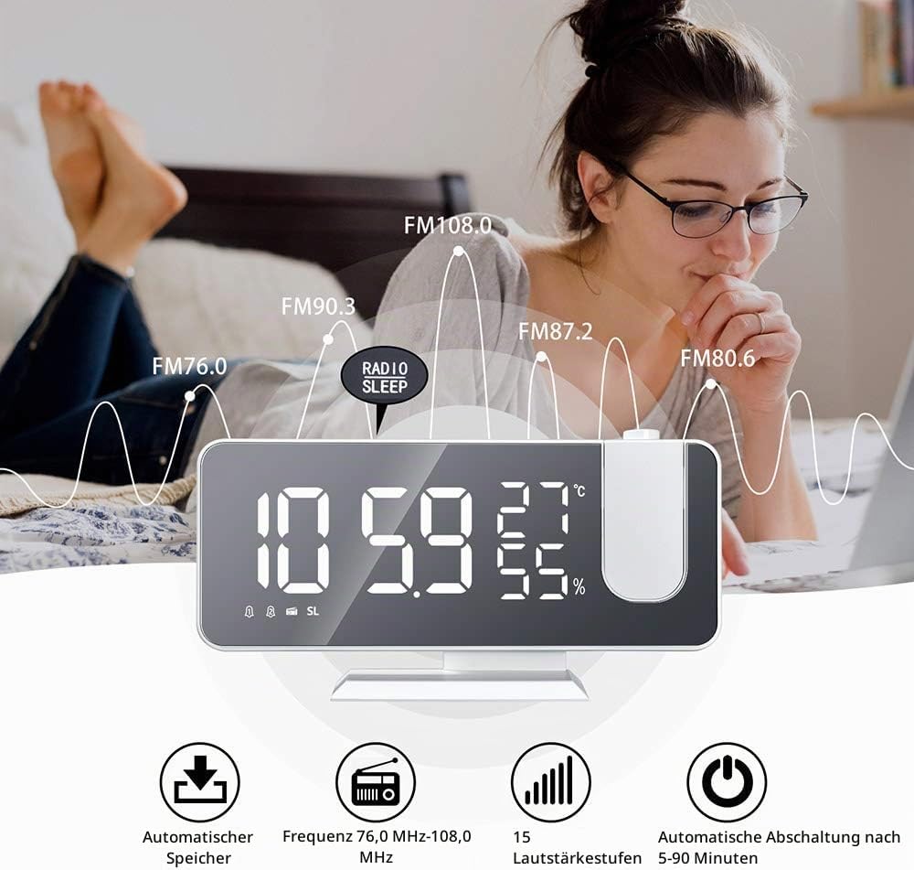 YUNYODA Projektionswecker, digitaler LED-Wecker mit Spiegelfläche, USB-Ladeanschluss, Wiederholung,