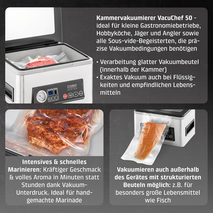 CASO VacuChef 50 - Kammervakuumierer aus Edelstahl, 70 l/min, 4 Kammervolumen, doppelte Schweissnaht