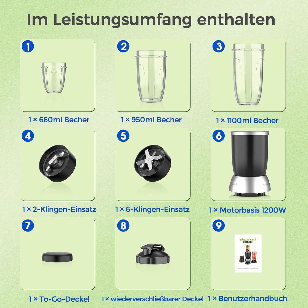 Teendow Mixer, 1200W Mini Smoothie Maker, Standmixer mit 3 Tragbare Mixbechern, 6 Klingen Edelstahlm